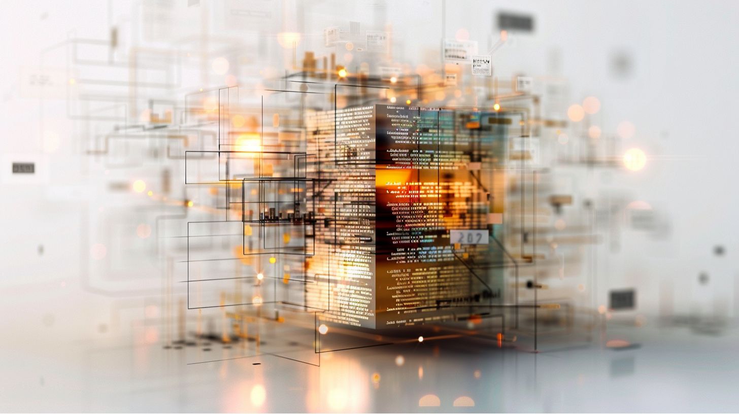 PR Cube Leuchtender Würfel aus strukturierten Texten und Medieninhalten speist sich in ein Netzwerk aus Datenleitungen und Suchalgorithmen