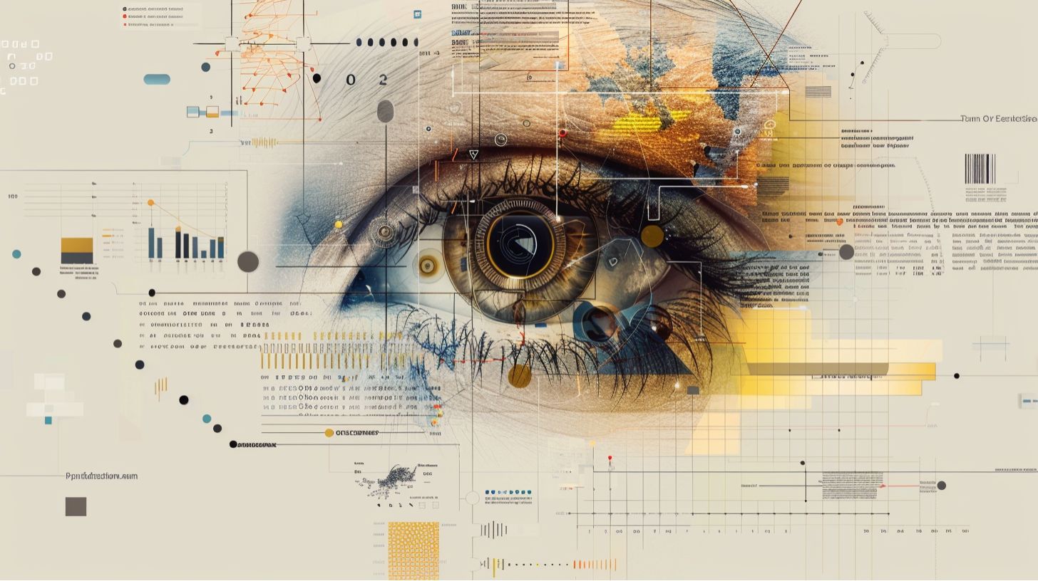 KI Auge Ein stilisiertes KI-Auge im Zentrum, umgeben von abstrakten Datenmustern, Webseiten, Metadaten und Textblöcken.
